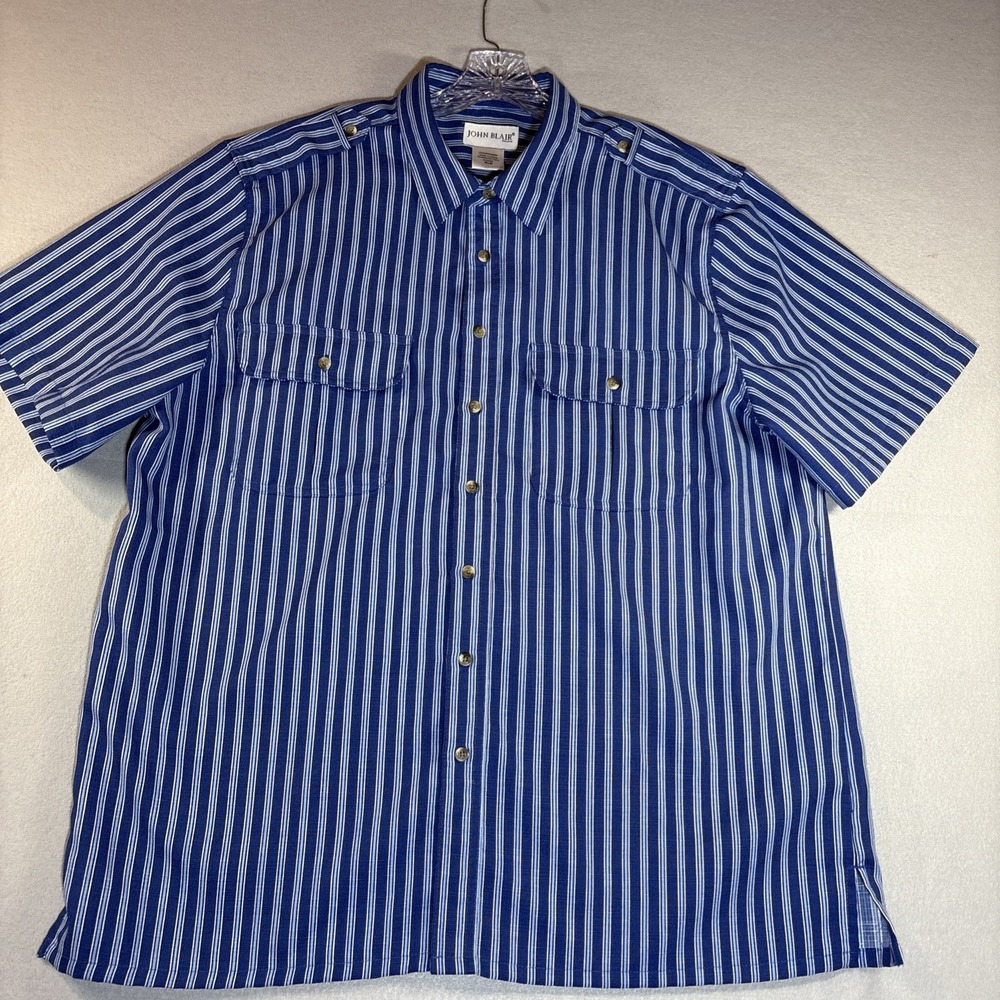 John Blair Short Sleeve Button Up Shirt Men's Size XL Blue Striped Epaulets VTG